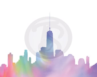 May include: A watercolor painting of a city skyline with a tall building in the center. The skyline is painted in shades of blue, purple, and pink.