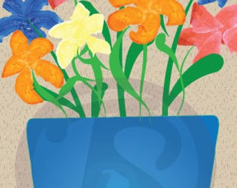 May include: A bouquet of colorful flowers in a blue vase. The flowers include yellow, orange, pink, and blue blooms.