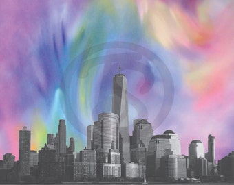 May include: A grayscale cityscape of New York City, featuring prominent skyscrapers and the One World Trade Center. The background showcases a vibrant, abstract blend of colors including purple, blue, and yellow, creating a striking contrast.