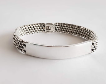 Personalized Woven Sterling Silver Bracelet with ID Plate for Men & Women - Complementary Engraving