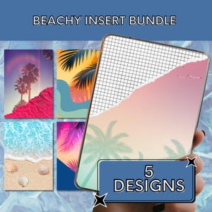 Könnte beinhalten: Ein Bundle mit fünf Strand-Design-Einsätzen. Die Designs zeigen Palmen, Meereswellen und einen Farbverlauf. Der Text "BEACHY INSERT BUNDLE" und "5 DESIGNS" ist sichtbar.