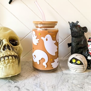 Ghost Glass Cup | Cute Halloween Can Glass | Halloween Iced Coffee Glass | Iced Coffee Cup | Cute Halloween Decor | Cute Ghost Cup