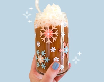 Floral Snowflake Glass Cup | Snowflake Glass Cup | Snowflake Cup | Christmas Iced Coffee Cup | Iced Coffee Lover Gift | Coworker Gift