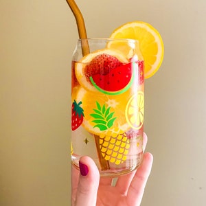 Fruit Salad Can Glass | Fruit Water Glass | Iced Coffee Glass | Cute Water Glass | Fruit Decor | Fruit Kitchen Decor | Cute Fruit Gift