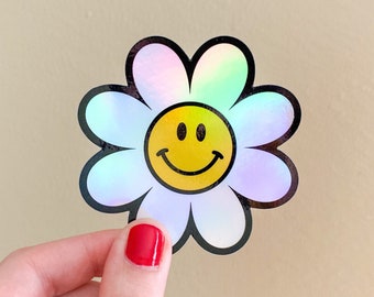 Smiling Daisy Holographic Sticker | Daisy Sticker | Holographic Sticker | Smile Face Sticker | Smiling Sticker | Hippie Sticker | Daisy Gift
