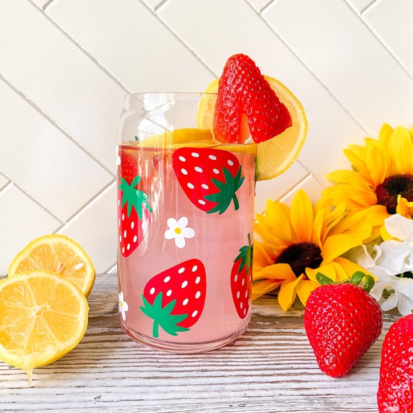 Strawberry Can Glass | Strawberry Glass Cup | Iced Coffee Cup | Iced Coffee Glass | Lemonade Glass | Strawberry Cup | Strawberry Coffee Cup