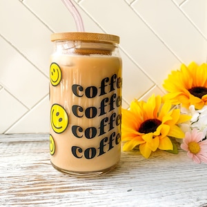 Smiling Face Coffee Can Glass | Smile Face Coffee Cup | Iced Coffee Glass Cup | Iced Coffee Glass | Smile Glass Cup | Coffee Lover Gift