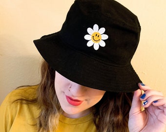Smiling Daisy Bucket Hat | Daisy Bucket Hat | Smile Face Bucket Hat | 90s Bucket Hat | Cute Bucket Hat | Black Bucket Hat | BFF Gift