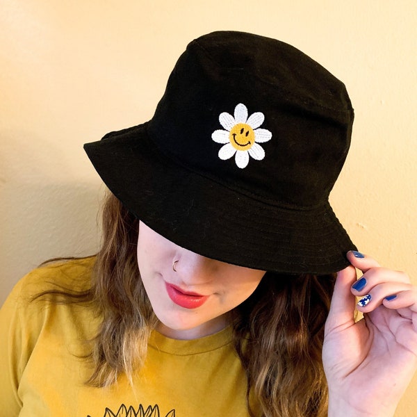 Smiling Daisy Bucket Hat | Daisy Bucket Hat | Smile Face Bucket Hat | 90s Bucket Hat | Cute Bucket Hat | Black Bucket Hat | BFF Gift