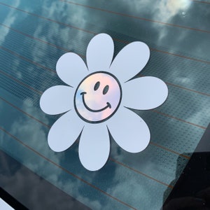 Smiling Daisy Holographic Vinyl Decal | Smiling Face Decal | Smile Face Car Decal | Hippie Car Decal | Daisy Decal | Daisy Sticker