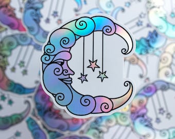 Holographic Moon Sticker | Moon and Stars Sticker | Crescent Moon Sticker | Moon Sticker | Moon Decal | Holographic Sticker | Hippie Sticker