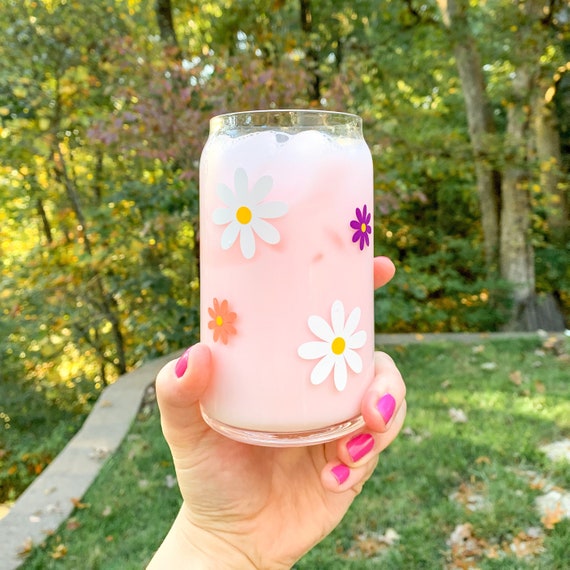 Daisy Aesthetic Cups, Iced Coffee Cup, Cute Glass Cup with Lid