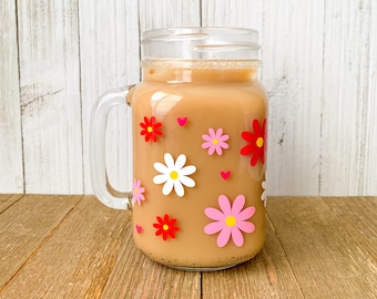 Daisy Mason Jar Mug | Valentine's Day Coffee Cup | Iced Coffee Cup | Glass Coffee Cup | Iced Coffee Glass | Mason Jar Mug | Mason Jar Glass