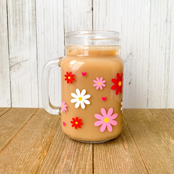 Buy Flower Mason Jar Cup With Handle, Iced Coffee Cup With Lid & Straw,  Daisy Coffee Glass, Floral Mug, Aesthetic Glass, Gift for Best Friend  Online in India 