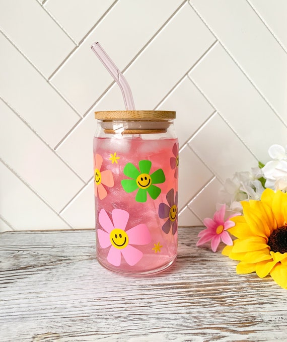 Daisy Cup Iced Coffee Cup Glass Retro Flower Glass Jar Daisy