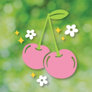 May include: Two pink cherries with green stems and leaves on a green blurred background with white flowers and yellow sparkles.
