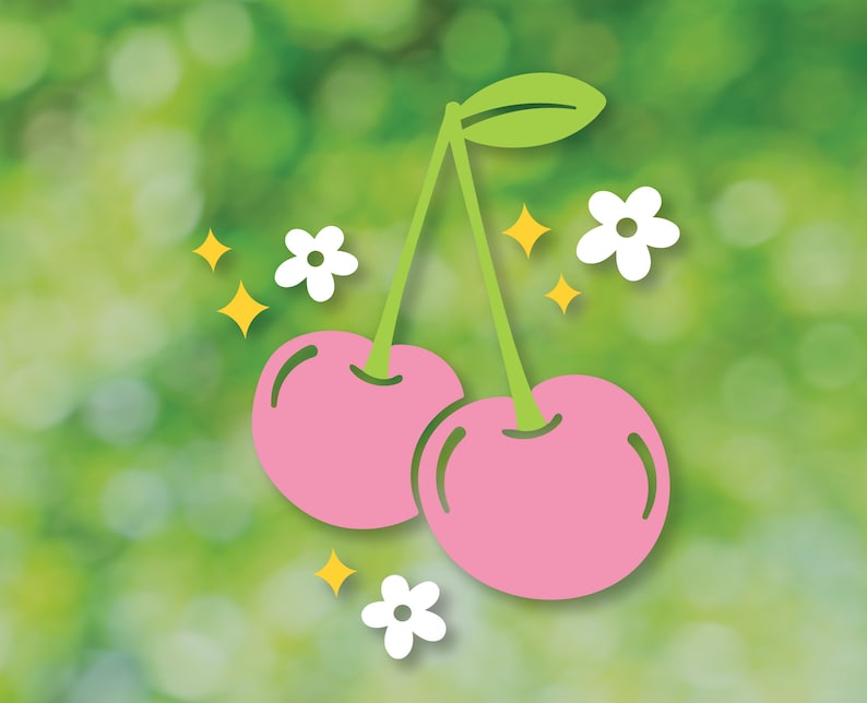 May include: Two pink cherries with green stems and leaves on a green blurred background with white flowers and yellow sparkles.