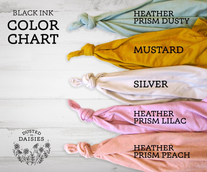 May include: A color chart displays fabric swatches in various hues. The text "BLACK INK COLOR CHART" is at the top. Colors include Heather Prism Dusty, Mustard, Silver, Heather Prism Lilac, and Heather Prism Peach. The "DUSTED-IN-DAISIES" logo is in the bottom left.