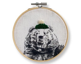 Bear in Green Toque Embroidery Hoop