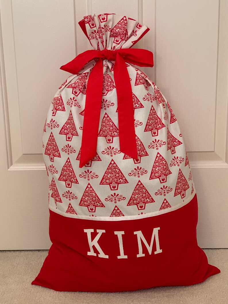 Scandi Xmas Tree Print Personalised Name ChristmasSantaPresent Sack