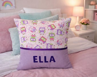 Childrens Cushion Cover, Handmade, Personalised - Owls and Daisies