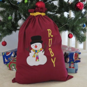 Childrens's Personalised Christmas Sack Snowman Design Burgundy/Maroon