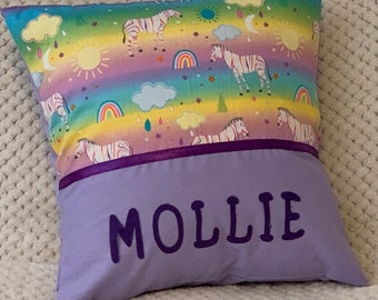 Personalised Cushion Cover / Kindy Pillow - Rainbow Zebras -
