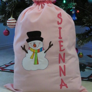 Childrens's Personalised Christmas Sack Snowman Design Pink