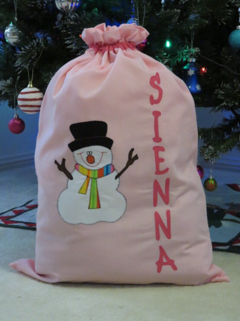 Childrens's Personalised Christmas Sack Snowman Design Pink