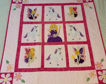 Handmade Patchwork and Applique Baby Girl Quilt - Fairy and Unicorn