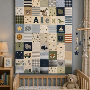 May include: A patchwork quilt featuring the name "Alex" and squares with animal and nature motifs. The quilt hangs above a wooden cot. Appliqued designs include a bear, sloth, and dinosaur. The words "Little Brother" are also visible on the quilt.