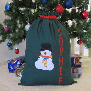Childrens's Personalised Christmas Sack Snowman Design Dark Green