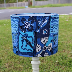 Blue Dreamtime Lampshade - Australian Aboriginal Authentic Jijaka Fabric Lamp Shade - Native Australia