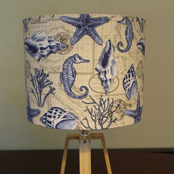 Seashells Coastal Lamp Shade - Nautical Lampshade - Sea Shells, Sea Horse, Coral, Blue, Seaside, Beach Decor