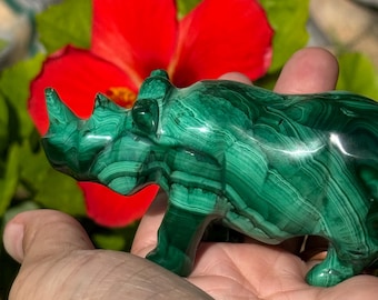 Hand Carved Malachite Rhinoceros Sculpture: Spirit Animal Symbolism, Heart Chakra Stone
