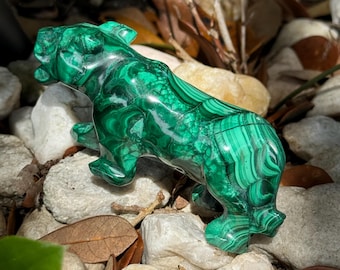 Hand Carved Malachite Lioness Sculpture: African Strength Symbolism, Banded Green Stone (3.56in)