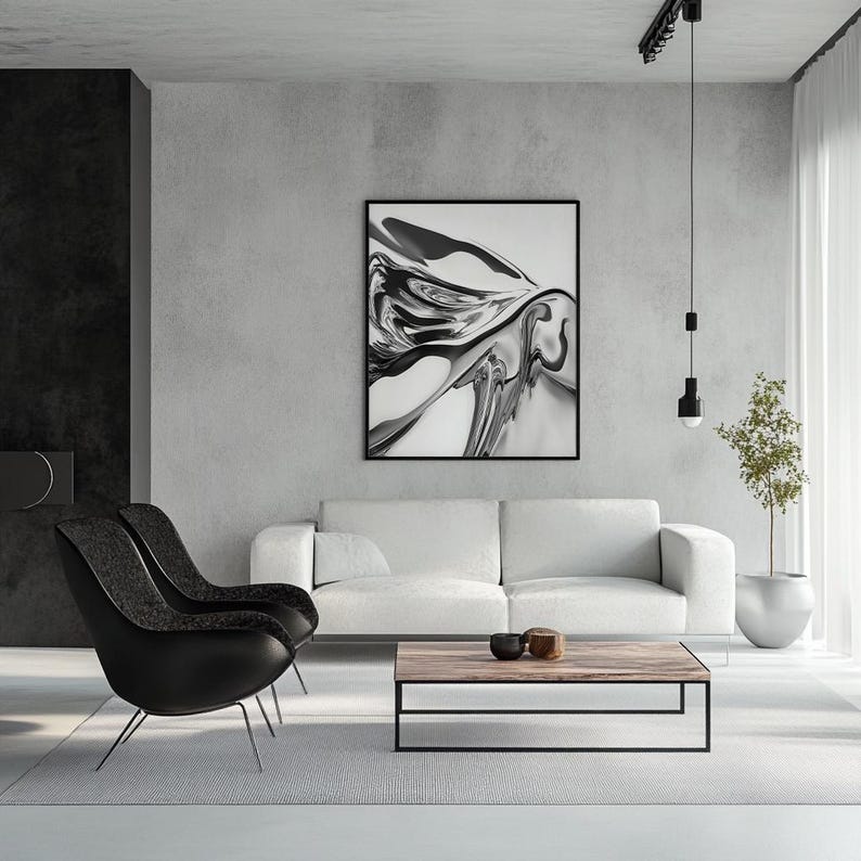 Pode incluir: Sala de estar moderna com um sof&aacute; branco, duas poltronas pretas e uma mesa de centro de madeira. Uma grande obra de arte abstrata em preto e branco est&aacute; pendurada na parede cinza. O quarto &eacute; minimalista com uma paleta de cores neutras e um toque de verde.