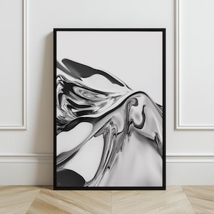 An abstract black and white artwork featuring fluid, metallic-like reflections that resemble folded and distorted surfaces, creating a dynamic and glossy wave-like texture.
