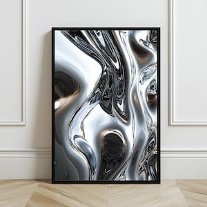 May include: Abstract digital art print featuring a swirling, liquid-like pattern in shades of silver and black.