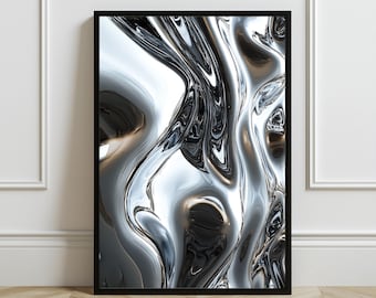Arte Digital Abstrata - Efeito Distorcido de Cromo e Metal Líquido, Decoração de Parede