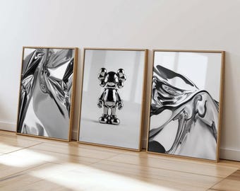 Modern Monochrome Wall Art Trio: Kaws HypeBeast, Abstract, Silver Liquid Chrome