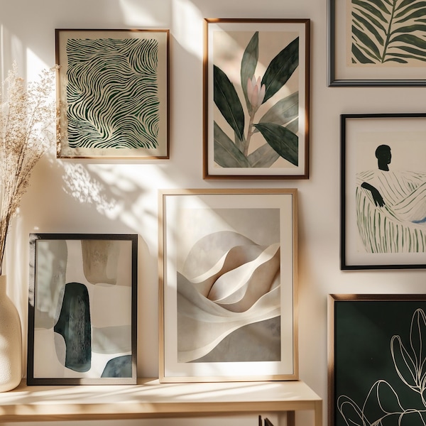 Boho Watercolor Wall Art Set: Sage Green Abstract Prints (Digital Download