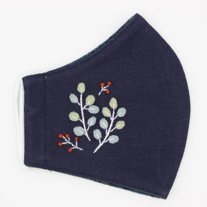 Leave Hand Embroidered Face Mask, Linen, Washable Reusable, Natural linen breathable,Anti-Dust, 100% cotton-Comfortable- Men, Women mask,M57