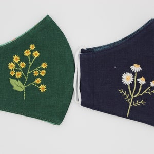Yellow/ white Daisy Hand Embroidered Face Mask, Linen, Washable Reusable, Natural linen breathable,Anti-Dust, 100% cotton-Comfortable M58/59