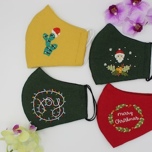 Christmas Facemask, Hand Embroidered Linen Face Mask, Washable Reusable, Natural linen breathable, Anti-Dust Fabric mask,100 % cotton M60-63
