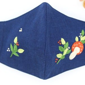 Mushroom leaves Hand Embroidered Linen, Face Mask, Washable Reusable, Natural linen breathable, Anti-Dust Fabric mask,100% cotton-M64Blue