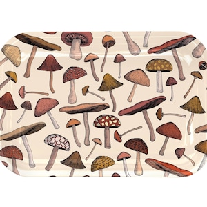 May include: A rectangular tray with a cream background and a pattern of brown and red mushrooms.