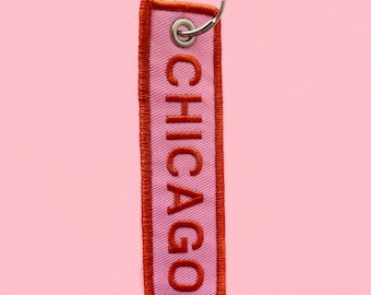 Chicago Embroidered Keychain - Orange & Pink