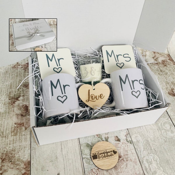 Mr and Mrs hamper, personalised gift box, bride and groom present, wedding gift box, mug coaster set, cute grey and white heart design, love