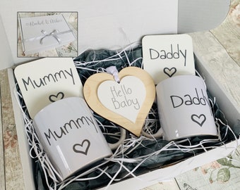 Mummy and daddy hamper, new parents, personalised gift box, baby shower gift, new baby present, mug coaster set, congratulations basket grey